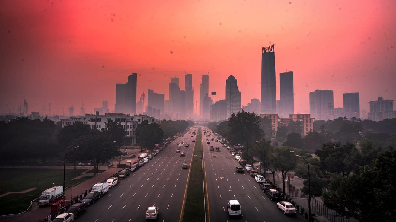 a photo of the delhi skyline with a red sky due to delhi bans bs3 and bs4 vehicles as aqi hits